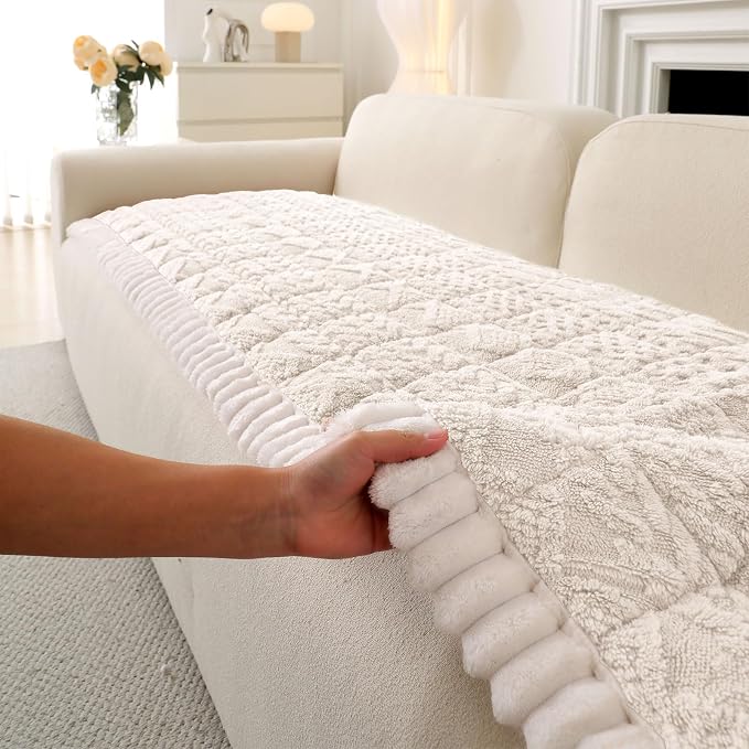 OTOB Couch Cover for Dogs Washable Pet Friendly, Non Slip Plush Fuzzy Love Seat Couch Covers Sofa Slipcovers, Geometric Jacquard Soft Pet Cushion Mat Protector All Seasons (Off White, 27.6" x 59.1")