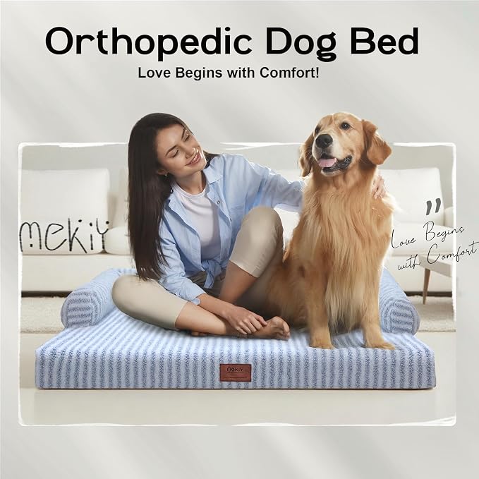 Orthopedic XL Dog Bed with Bolster for Extra Large Size Dogs | Pillow Support for Neck Relief, Egg Crate Foam, Skin-Friendly Surface, Waterproof Liner, Anti-Slip Bottom, 42 x 30 Inch