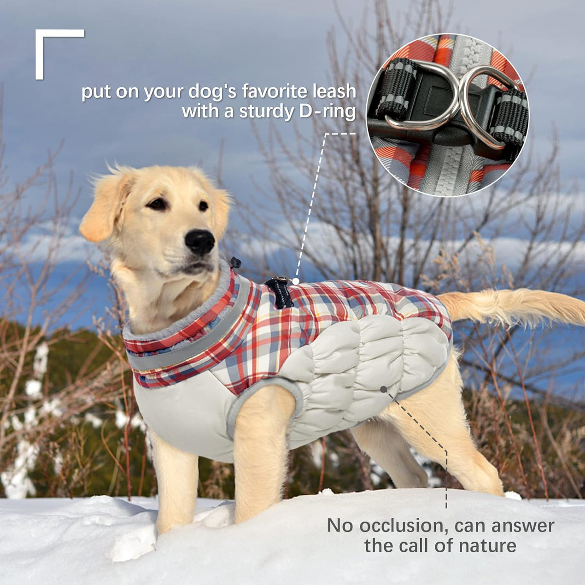FUAMEY Dog Coat for Large Dogs,Waterproof Dog Winter Jacket with Harness Built in Puppy Cold Weather Coats Reflective Pet Vest with Zipper Warm Fleece Dogs Snowsuit Windproof Red Plaid XL