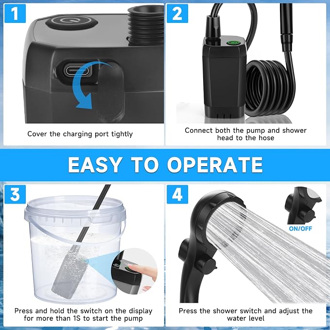 vignuto Portable Shower for Camping, Rechargeable Camping Shower Pump with LED Display of Battery Level and Temperature