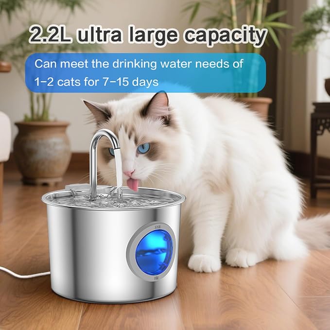 Cat Water Fountain Advanced 304 Stainless Steel 2.2L/74oz with Detachable Tank, Easy to Clean, Automatic Pet Fountain Quiet Cats Water Dispenser, Perfect for Cats Dogs Indoor