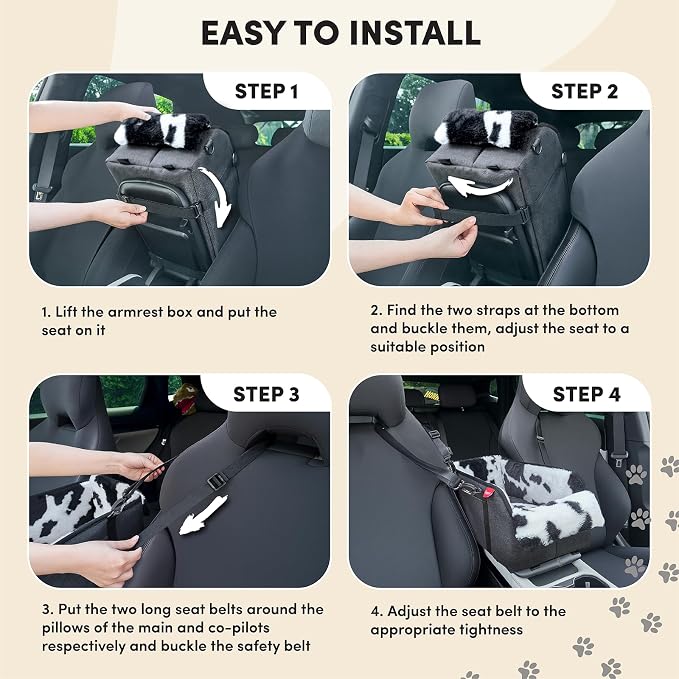 BurgeonNest Center Console Dog Car Seat for Small Pets to 11lbs, Milk Cow | Anti-collapse armrest Console seat with washable fluffy cushion, pillow & tether for stable, cozy pet travel trips.