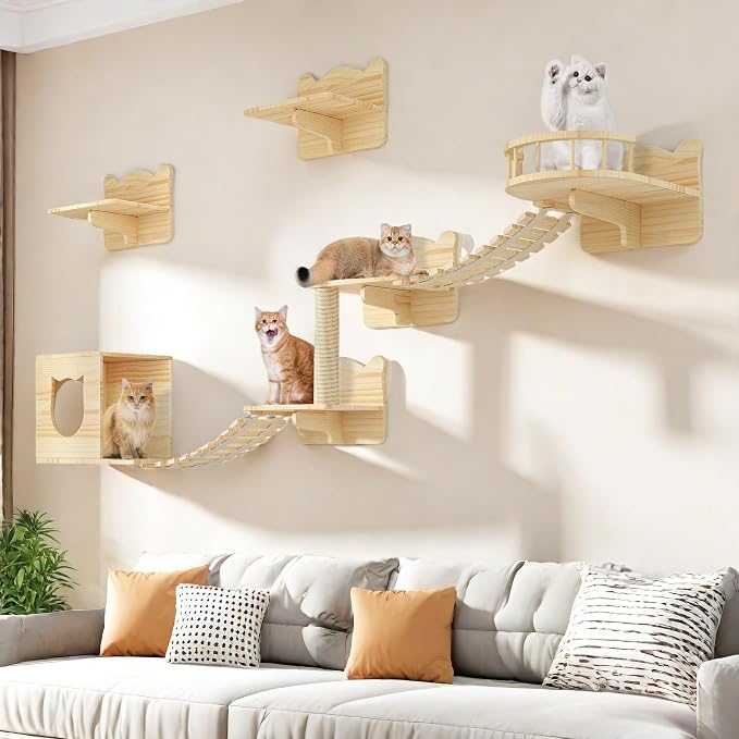 Cat Wall Shelves, 9-in-1 Wood Cat Wall Furniture Set, Burlywood | Cat Climbing Systems for Space-Saving, Wall Mounted Cats Shelves for 16 Inch Drywall, with Scratching Posts, Bridge, Condos