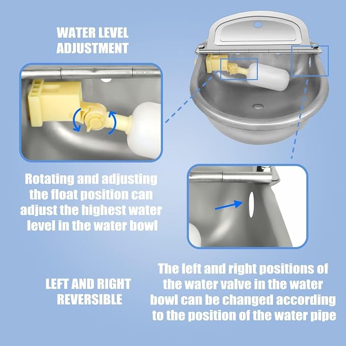 Automatic Animal Drinking Water Bowl with Float Valve, Extended Pipe,3L Stainless Steel Waterer Feeder Farm Dog Dispenser Kit Self Filling for Livestock Horse Goat Water Trough