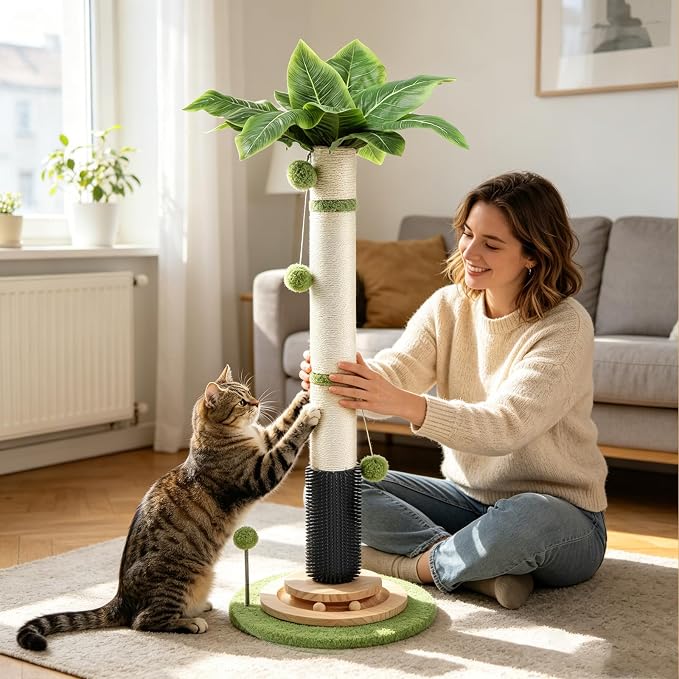39.4'' Tall Cat Scratching Post,3.5 Inch Wide Sisal Cat Scratcher Tree with Leaves,Interactive Cat Toys for Indoor