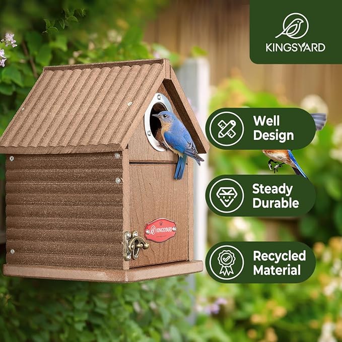 Kingsyard Recycled Plastic Bird House for Outdoors - Weatherproof Nesting Box with Clear View Panel & Predator Guard for Bluebird Wren Swallow Finch, Brown