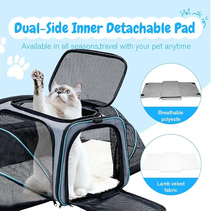 Double Expandable Cat Carrier,Airline Approved Soft-Sided Pet Travel Carrier for Small Dogs Cats under 15 lbs,Waterproof 600D Oxford Fabric with Washable Replacement Liner,Odor-Free & Claw-Proof(Blue)