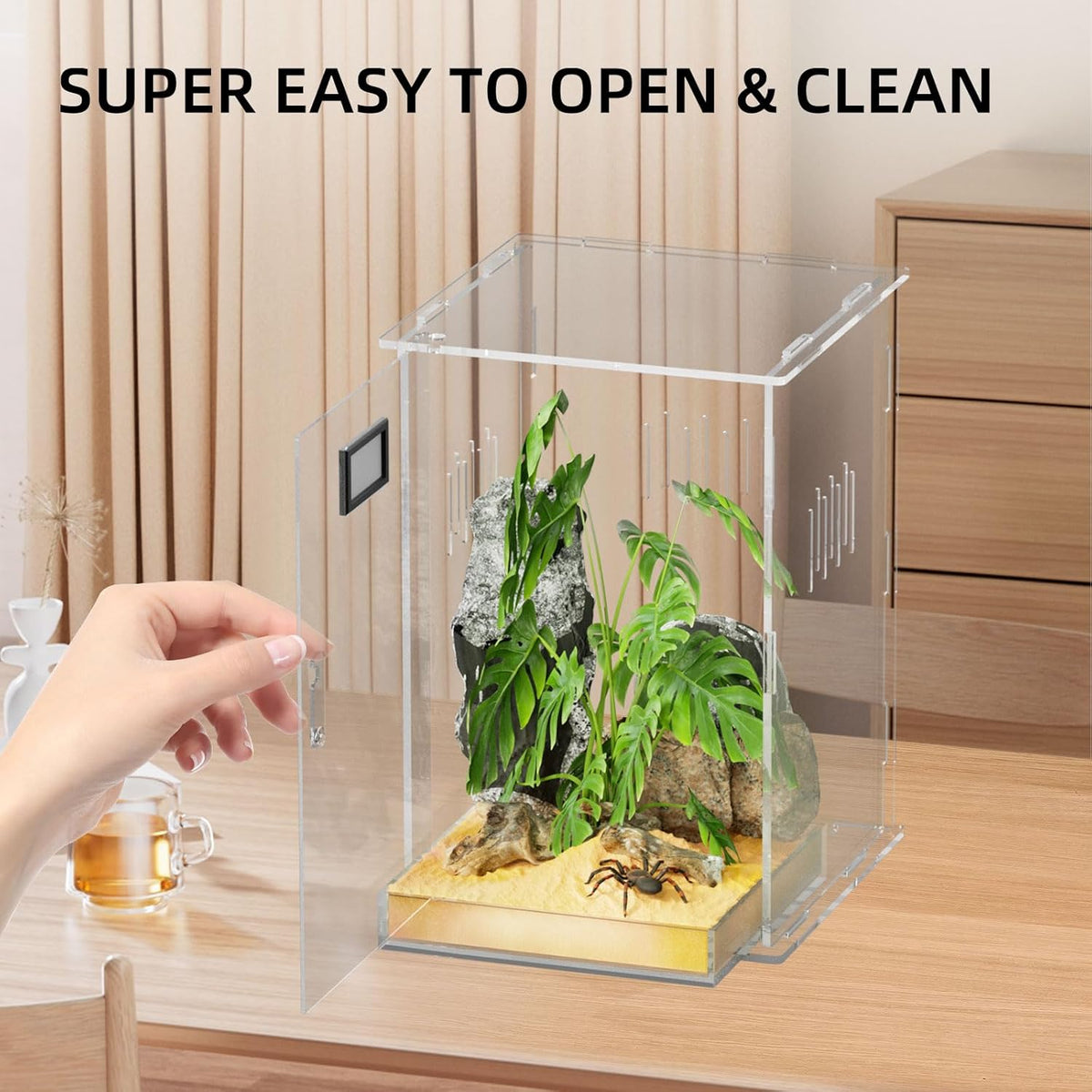 Reptile Terrariums, with Temperature Hygrometer, 7.1"x7.1"x11.8" Acrylic Reptiles Breeding Box Terrarium Cage Tank for Small Reptile Insect Home Office (Arboreal Large)