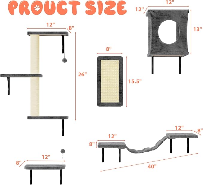 5 Pcs Cat Wall Shelves Set, Wall-Mounted Climber with Cat House, Scratching Post, Bridge, Hammock, Space-Saving Play Furniture, Gray