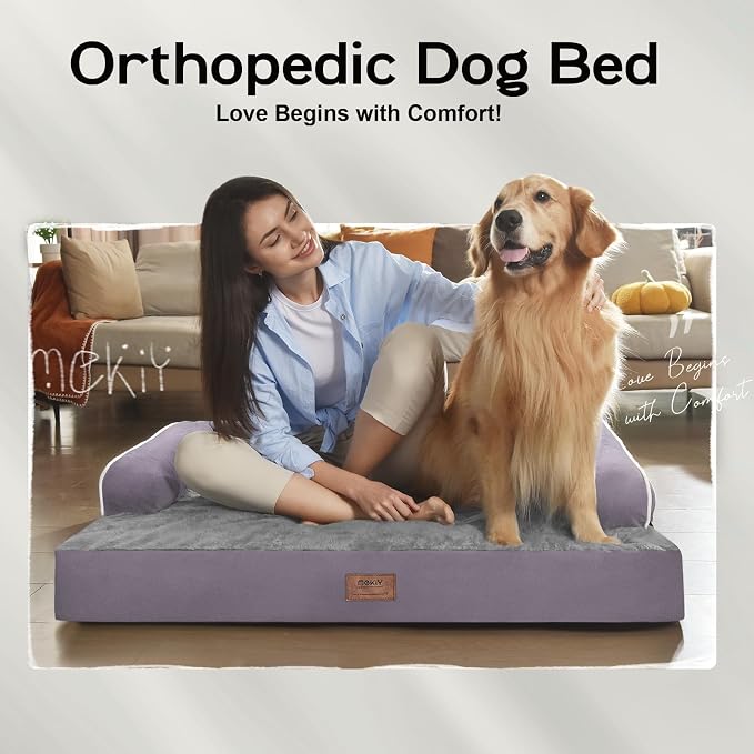 Orthopedic Waterproof Dog Bed with Bolster for Extra Large Size Dogs | Pillow Support for Neck Relief, Egg Crate Foam, Waterproof Liner, Anti-Slip Bottom, Removable Bolster Cover, 48 x 33 Inch
