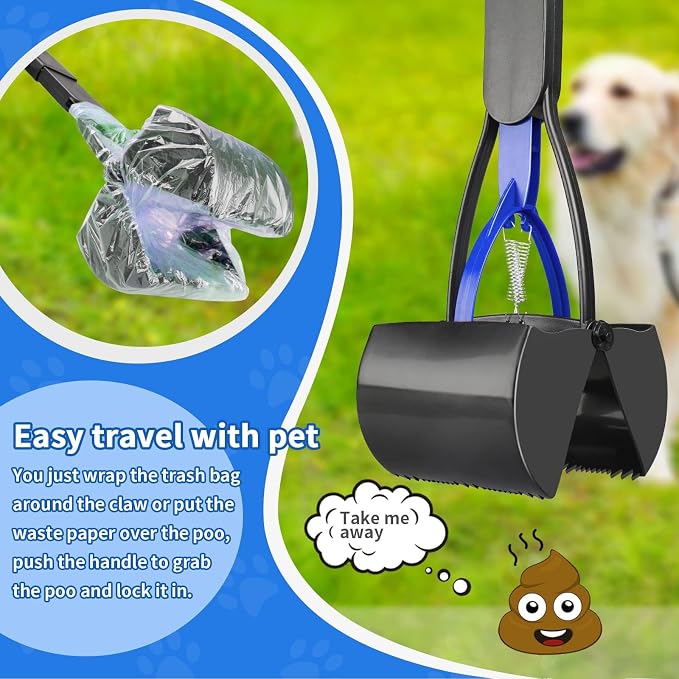 Pooper Scooper,Dog Pooper Scooper,Pooper Scooper for Large Dogs,Folding Dog Poop Scooper, 28" Long Handle No-Bend Cleanup,with Durable Spring,Works on Grass/Dirt/Gravel & More Surfaces (Blue)