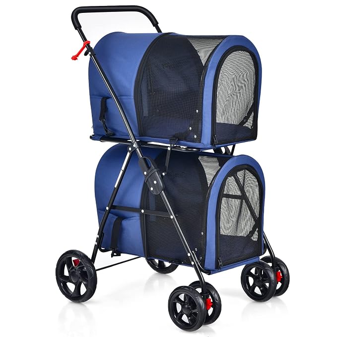 Giantex Double Pet Stroller with 2 Detachable Carrier Bags, Safety Belt, 4 Lockable Wheels, Folding Cat & Dog Stroller for Small Medium Pets, Cats Dogs Puppy Travel Strolling Cart (Navy)