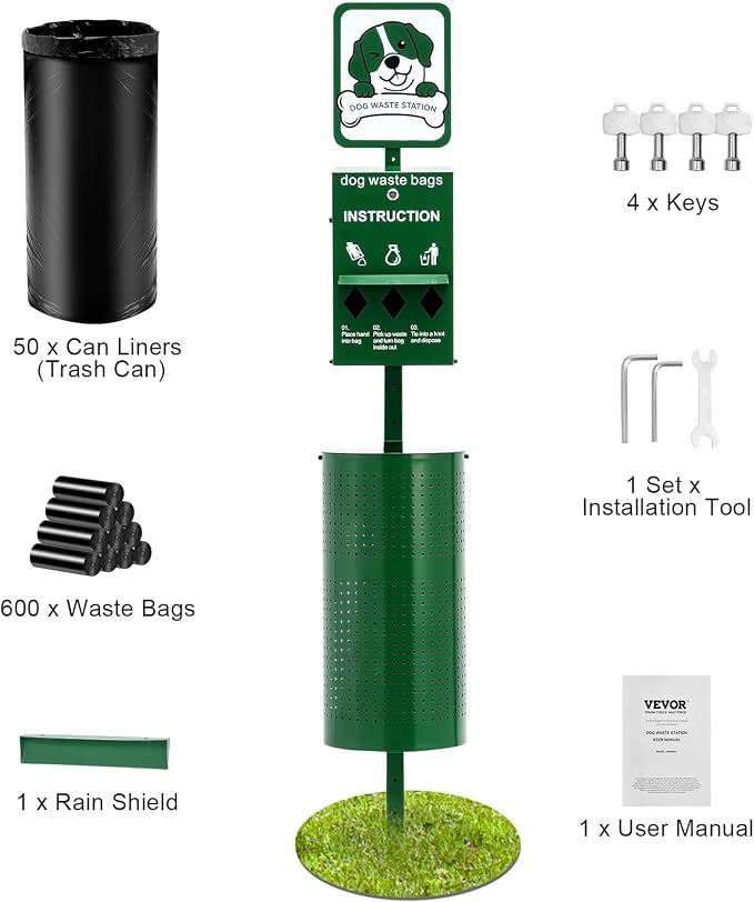 VEVOR Dog Waste Station, 11.5 Gallon Pet Waste Station with Lockable Bag Dispenser, 50 Can Liners & 600 Waste Bags, Outdoor Pet Poop Station for Apartments, Parks, Backyard, Dog Waste Disposal System