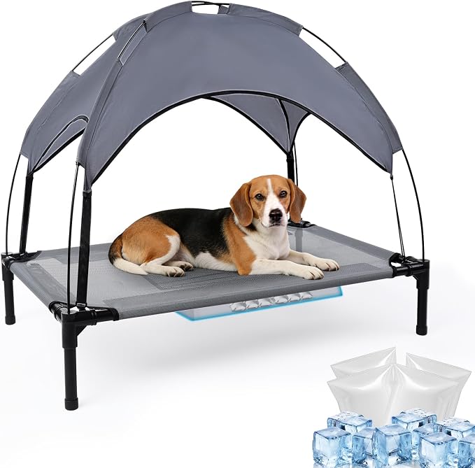 34.3'' Elevated Outdoor Dog Bed with Canopy, Raised Dog Bed Medium Size Dog | Outdoor Dog Bed with Canopy Medium Large Size Dogs with Ice Pack, Dog Cooling Beds, Outdoor Pet Hammock Beds, Outside Pet Bed
