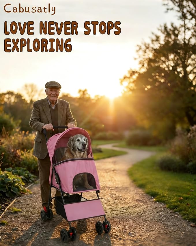 Pet Stroller for Small Medium Dogs Cats - Lightweight Foldable Dog Stroller | 33lbs, 4 Wheels All Terrain Cat Stroller, Breathable Mesh &Safety Tether, Storage Basket for Outdoor Walks, Pink Dog Stroller