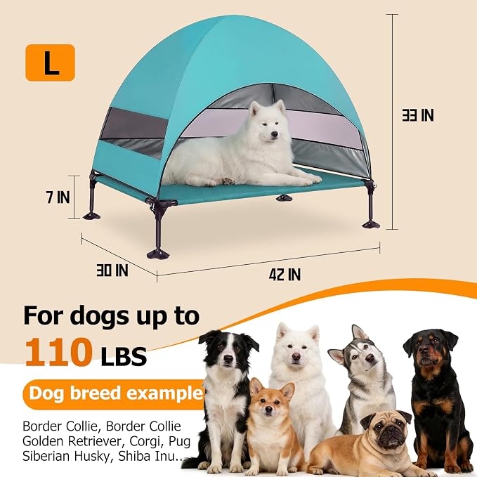 Elevated Dog Bed with UV-Proof Canopy, Outdoor Dog Tent with Powerful Adjustable Feet, Portable Pet Cot with Wider Shade, Raised Cooling Bed for Camping, Patio, Beach, Poolside