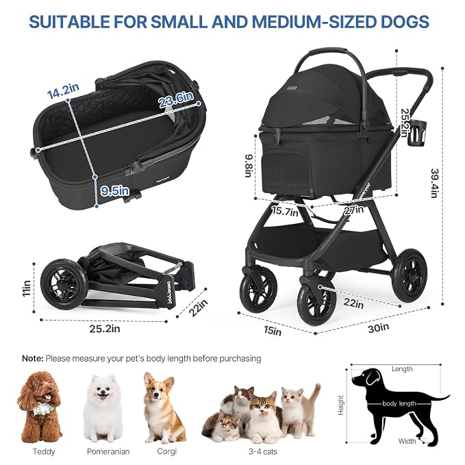 X-5 Pet Stroller with Inflatable Wheels for Medium Pets Black | Adjustable Handle, 55lbs Load, 3-in-1 Detachable Carrier, All-Terrain Inflatable Wheels, One-Touch Fold