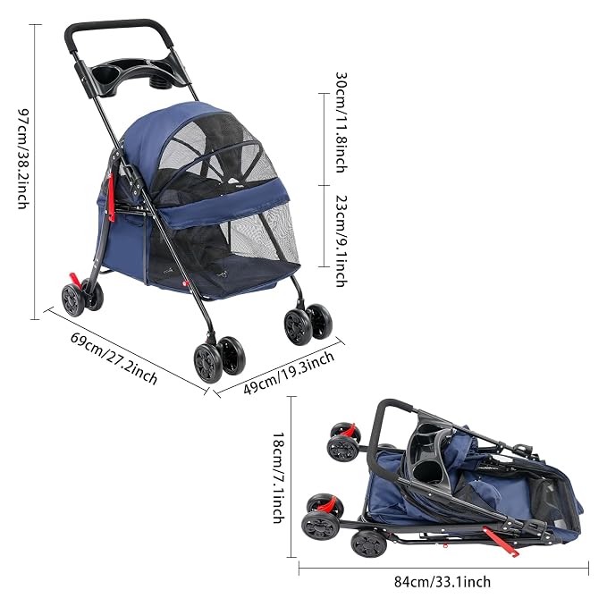 Pet Stroller for Small Medium Dogs Cats, Lightweight Foldable Pet Wagon with 360° Front Wheels & Brake, 40 lbs Capacity Carrier for Park Travel Shopping, Breathable Mesh Basket (Navy Blue)
