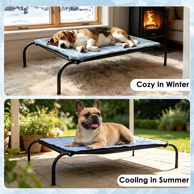 SZEE Elevated Dog Bed, Cooling Dog Cot Bed, Support Up to 65 LBS for Small Breeds, with Durable Steel Frame, Reversible Ice Silk Mat & Sturdy Teslin Mesh, Outdoor & Indoor All-Season Use - S