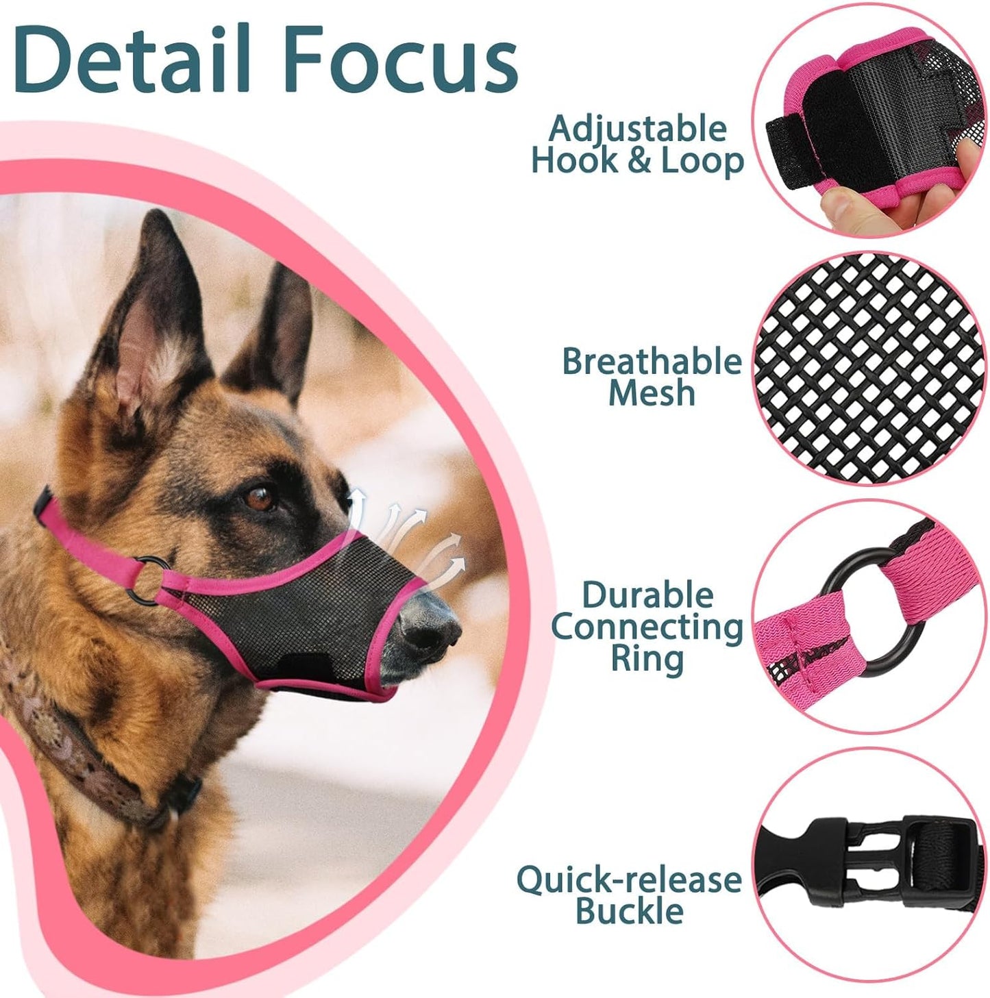 LUCKYPAW Dog Muzzle, Mesh Muzzle for Large Medium Small Dogs, Soft Mouth Guard for Biting Chewing, Breathable Mouth Guard with Adjustable Strap for Training(Hot Pink, S(Snout:7.75"-8.75"))