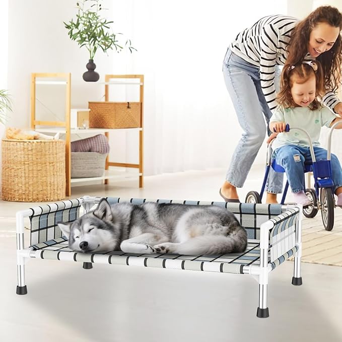 Elevated Dog Bed with with Guardrail, Raised 3-Fence Dog Hammock Bed | Breathable Lifted Stainless Steel Frame Dog Bed for Medium Pets, Cooling Washable Dog Cot
