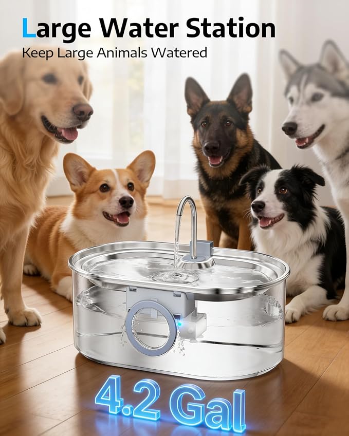 4.2Gal Dog Water Fountain for Large Dogs, 16L Stainless Steel Dog Fountain Water Bowl with Multi-Filtration & Deeper Drinking Tray, Extra Large Pet Water Fountain with Water Window & LED, Ultra-Quiet