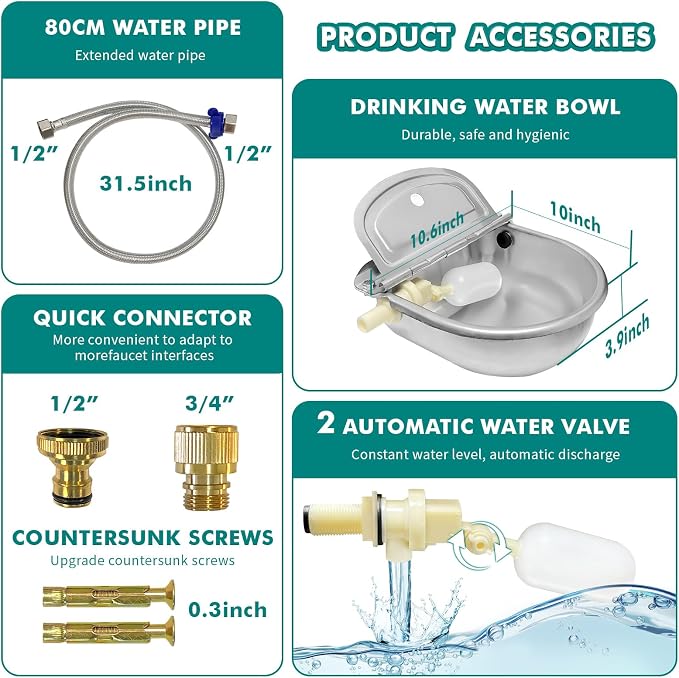 Automatic Water Dispenser for Dogs,304 Stainless Steel Float Valve Pet Bowl | Self-Filling, Wall Mounted, 2.5L Capacity, Drain Plug for Easy Clean, for Large Dogs Chickens Horses, Yard Farm Outdoor Use