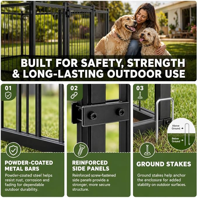10 x 10 x 6.5 FT Outdoor Dog Kennel with Roof for Large Dogs | Large Dog Run with Rotating Feeder, 2 Stainless Steel Bowls and Double Latch Gate