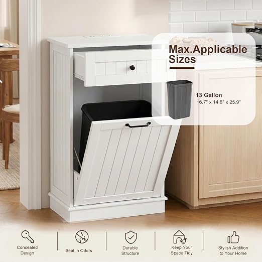 13 Gallon Tilt Out Trash Can Cabinet with Drawer, Hidden Trash Bin Storage | Cabinet with Drawers for Kitchen, Bathroom and Laundry Room