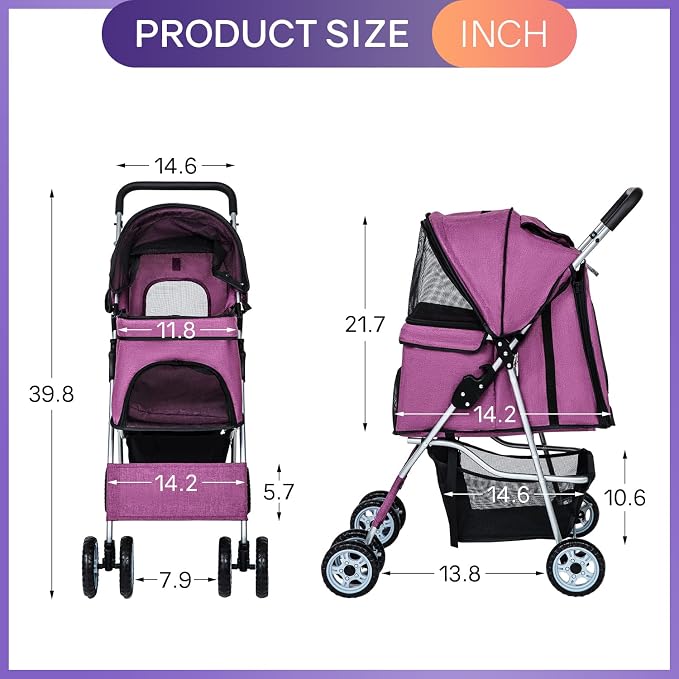 BestPet Pet Stroller Dog Cat Jogger Stroller for Medium Small Dogs Cats Folding Lightweight Travel Stroller with Cup Holder (Purple, 4 Wheels)