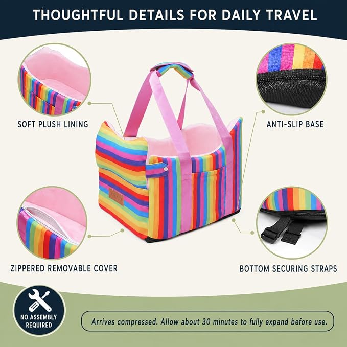 Console Dog Car Seat for Small Dogs to 15lbs (Rainbow Stripes) | Center Console Puppy Booster and Portable Travel Bed, Anti-Collapse Design with Washable Fluffy Cushion