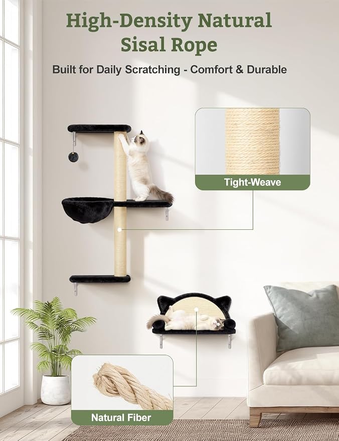 5-in-1 Cat Wall Shelves, Solid Wood & Velvet & Sisal Scratcher, 44lbs Max Load, Wall Mounted Cat Furniture for Climbers, Cat Climbing Wall System, Fits Drywall & Solid Walls - Black