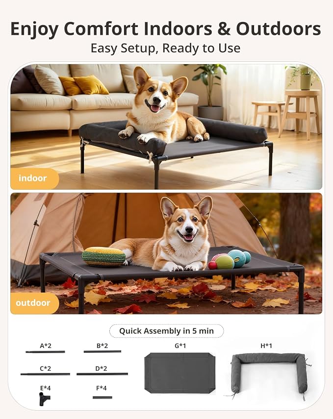 Cooling Elevated Dog Bed, 26.8x34 Raised Dog Bed with Removable Bolster Cushion, Breathable Mesh, Non-Slip Feet, and Metal Frame for Medium Breeds Indoor Outdoor | Raised Dog Bed with Removable Bolster Cushion, Sturdy Metal Frame, Non-Slip Feet, for Me...