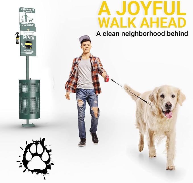 Pet Waste Station - Includes 400 Pull Out Bags & 50 Can Liners - Original Glow in the Dark Dog Waste Station with Dog Poop Sign, Bag Dispenser, Hand Sanitizer Bottle & Outdoor Trash Can with Lid