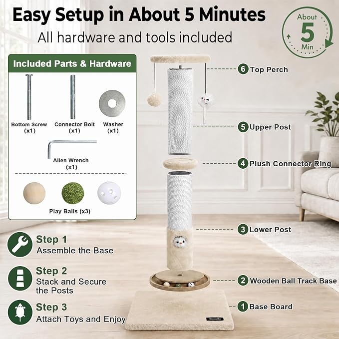 35-Inch Tall Cat Scratching Post, Stable Base for Large Cats, Beige | Heavy-Duty, Soft Natural Cotton Rope Cat Scratcher, Interactive Cat Toys, Wooden Ball Track, for Kittens and Indoor