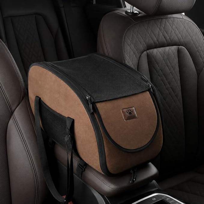 Center Console Dog Car Seat for Small Dogs, Portable Pet Booster Seat with Breathable Mesh Window, Non-Slip Armrest Dog Carrier for Cats & Puppies, Travel Car Seat, Brown