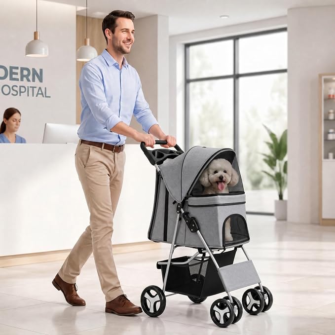 ZENY Foldable Pet Stroller, Cat/Dog Stroller with 4 Wheel, Pet Travel Carrier Strolling Cart with Storage Basket, Cup Holder (Grey)