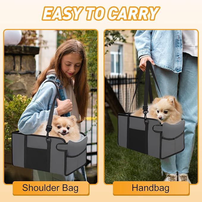 Portable Dog Car Seat for Small Dogs, Puppy Car Seat, Grey | Booster Seat With Safety Leash & Adjustable Straps Keeps Small Dogs Secure. Removable Washable Cushion. Fits Most Cars.