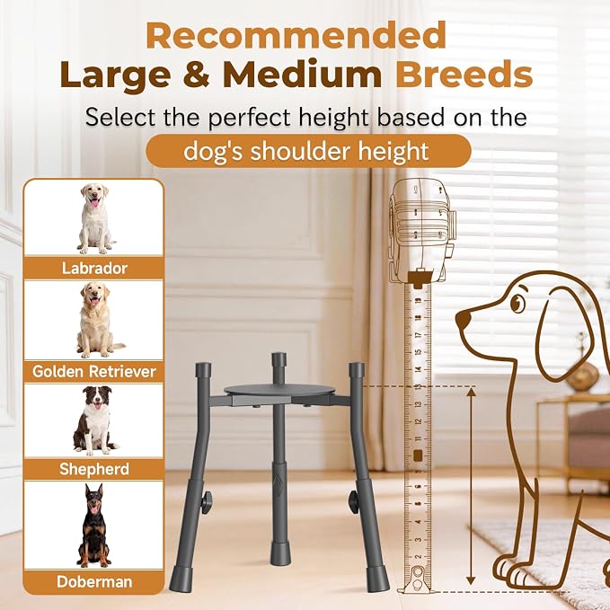 Elevated Dog Bowl Stand for Large Medium Breeds, Extra-Stable Food Feeder | 2 Pack Adjustable Size 4 Heights Width 6-10in, Anti-Tip Metal Raised Water Dish Holder, Non-Slip Tall Single Lifted Riser