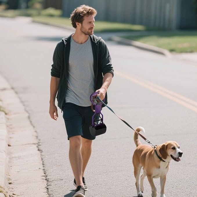 Andiker Dog Pooper Scooper with Short Handle, 10.23" Tall Dual-Spring Pet Pooper Scooper with 1 Roll of Dog Poop Bag and a Dispenser Easy to Use Dog Poop Scooper (Dark Purple)