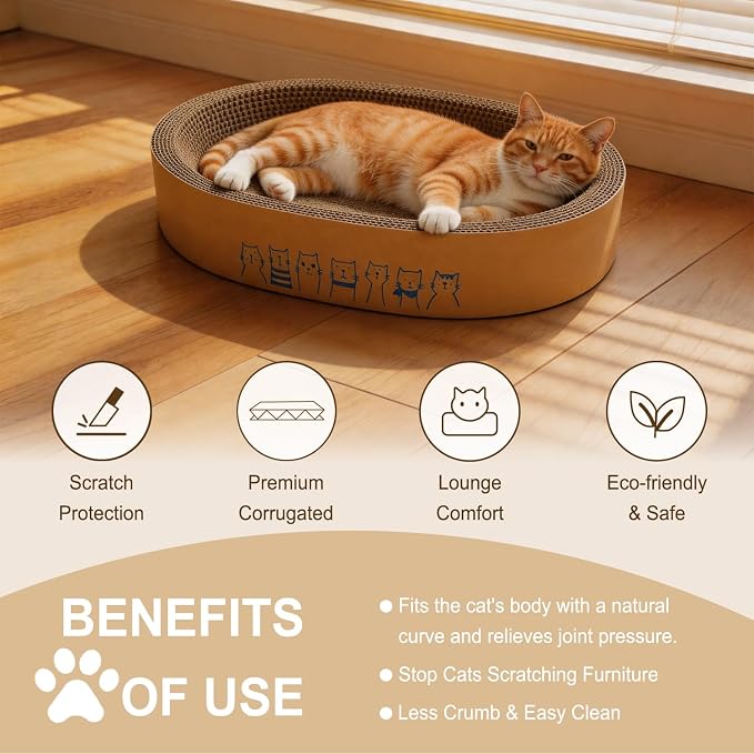 Comoney Cat Scratcher Bed 3 Pack, Oval Corrugated Cardboard Cat Scratch Pads for Indoor Cats with Grooming Brush, Round Cat Scratching Board Lounge Furniture Protector