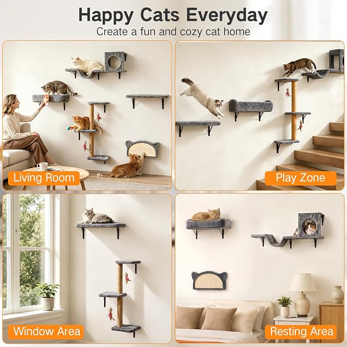 5-in-1 Cat Wall Shelves for Indoor Cats, Wall Mounted Cat Furniture Set with Bed, Perch, Hideaway Condo, Scratching Post & Scratcher, Cat Climbing Wall System, Space Saving Design, Grey