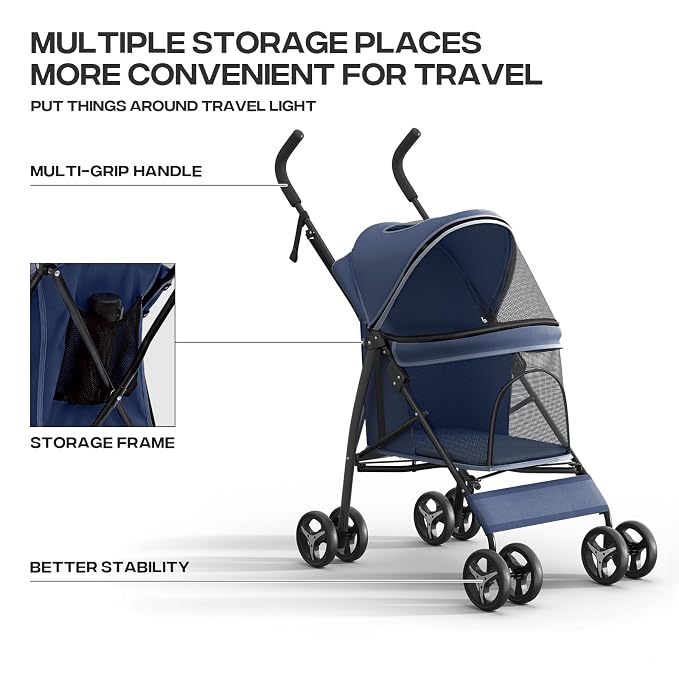 Small Dog Stroller for Small Dogs 10 lbs -22lbs Puppy Stroller Medium Dog Wagon Stroller Small Pet Stroller for Cats, Cat Strollers for 2 Cats, Rear Storage, Navy Blue