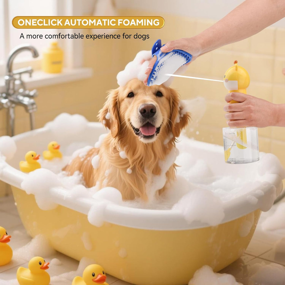 Automatic Dog Foam Wash System - Rechargeable Pet Shower with Bonus Bath Glove, 1-Touch Rich Foam, IPX7 Waterproof & Saves Shampoo for Dogs/Cats