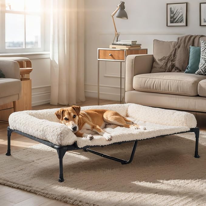 Veehoo Orthopedic Elevated Dog Bed Add Removable Deluxe Rose Plush Bolster Cushion Mat, 53" x 33" Washable Dog Couch Bed, Raised Pet Cot with Breathable Teslin Mesh, No-Slip Feet, White, CWC2439B