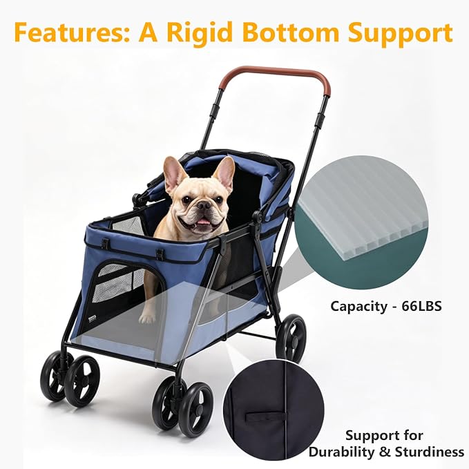 Dog Stroller for Large & Medium Dogs, Foldable Pet Stroller for 2 Small Dogs Up to 66lbs, with All-Terrain Wheels, Breathable Mesh Ventilation & Storage Pocket (Blue)