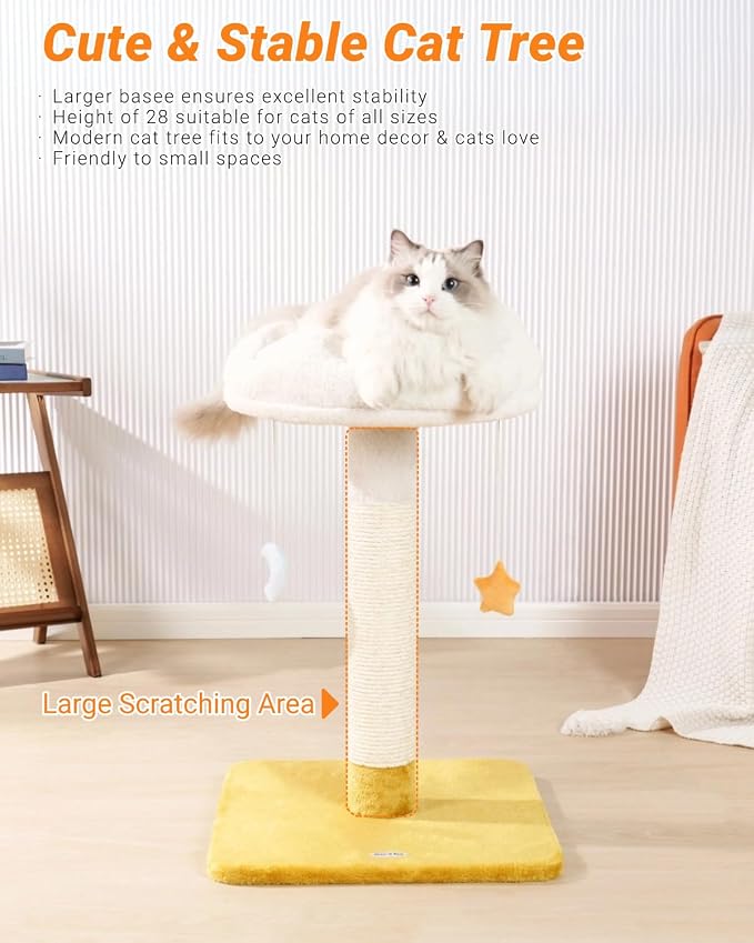 Happi N Pets 28" Tall Cat Scratching Post with Bed, Small Cat Tree for Indoor Cats, Thick Cat Scratch Post with Cloud-Shaped Soft Perch & Cute Toys, Stable Cat Stand, Removeable Cover, Bounus Catnip
