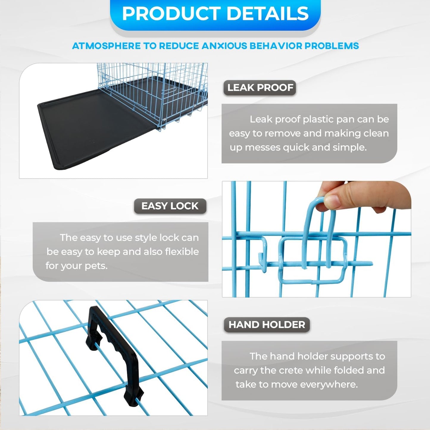 FDW Dog Crate for Large Dogs 42 Inch Folding Metal WirePet Cage Double Door W/Divider Panel Indoor Outdoor Kennel Leak-Proof Plastic Tray,Blue