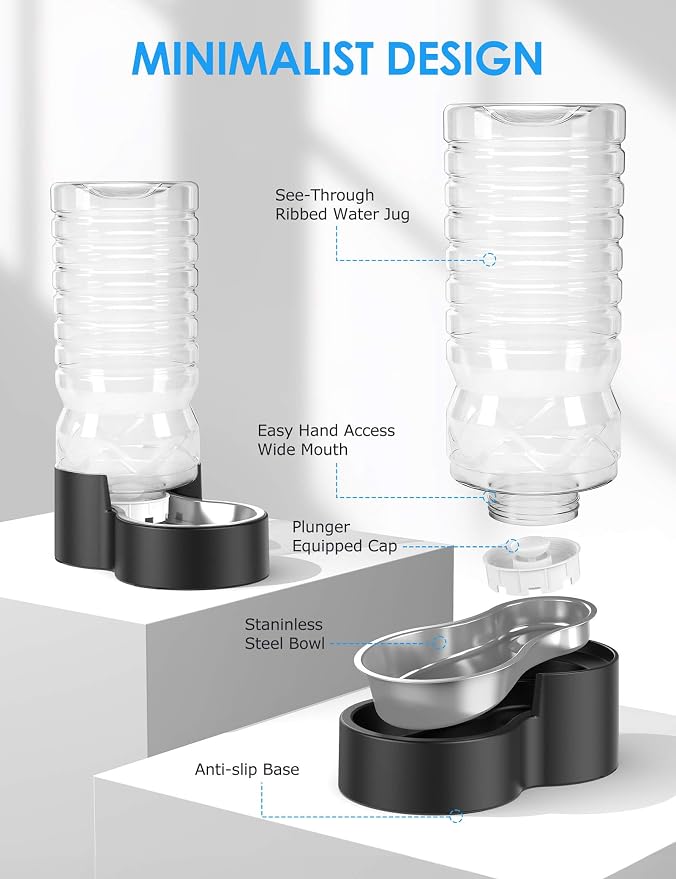 Heouvo 2.5 Gallon Automatic Dog Water Dispenser (9.5L-Black) | Wide Mouth, Easy Clean/ Removable Stainless Steel Bowl/ Gravity Refilling, Large Capacity for Cats and Dogs, Multi-Pet Homes