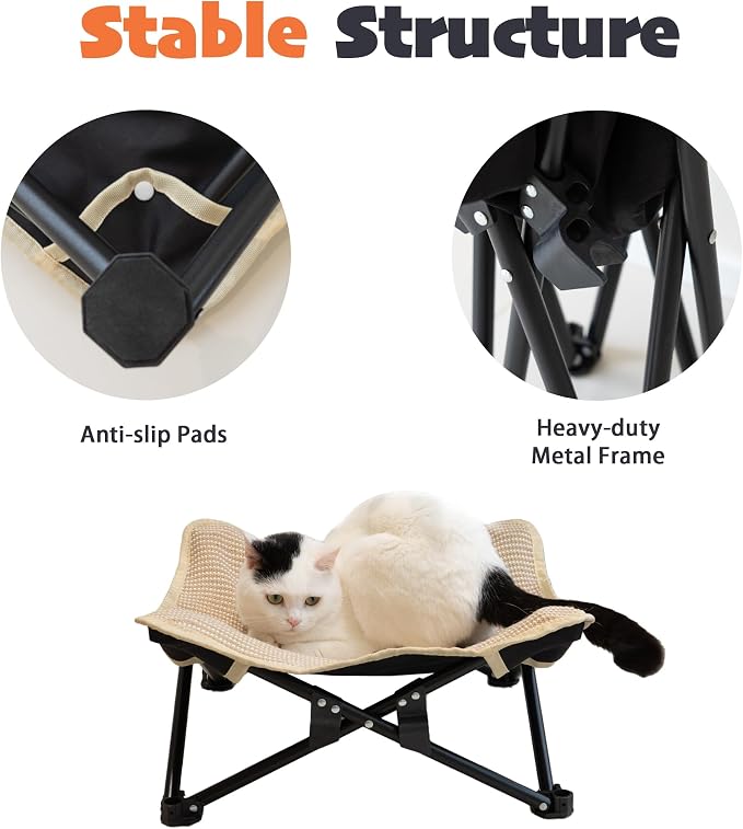 PETKARAY Foldable Cat Hammock Bed, Elevated Fluffy Kitty Lounge Furniture with Metal Frame, Raised Cat Hammock Chair for Indoor Cats